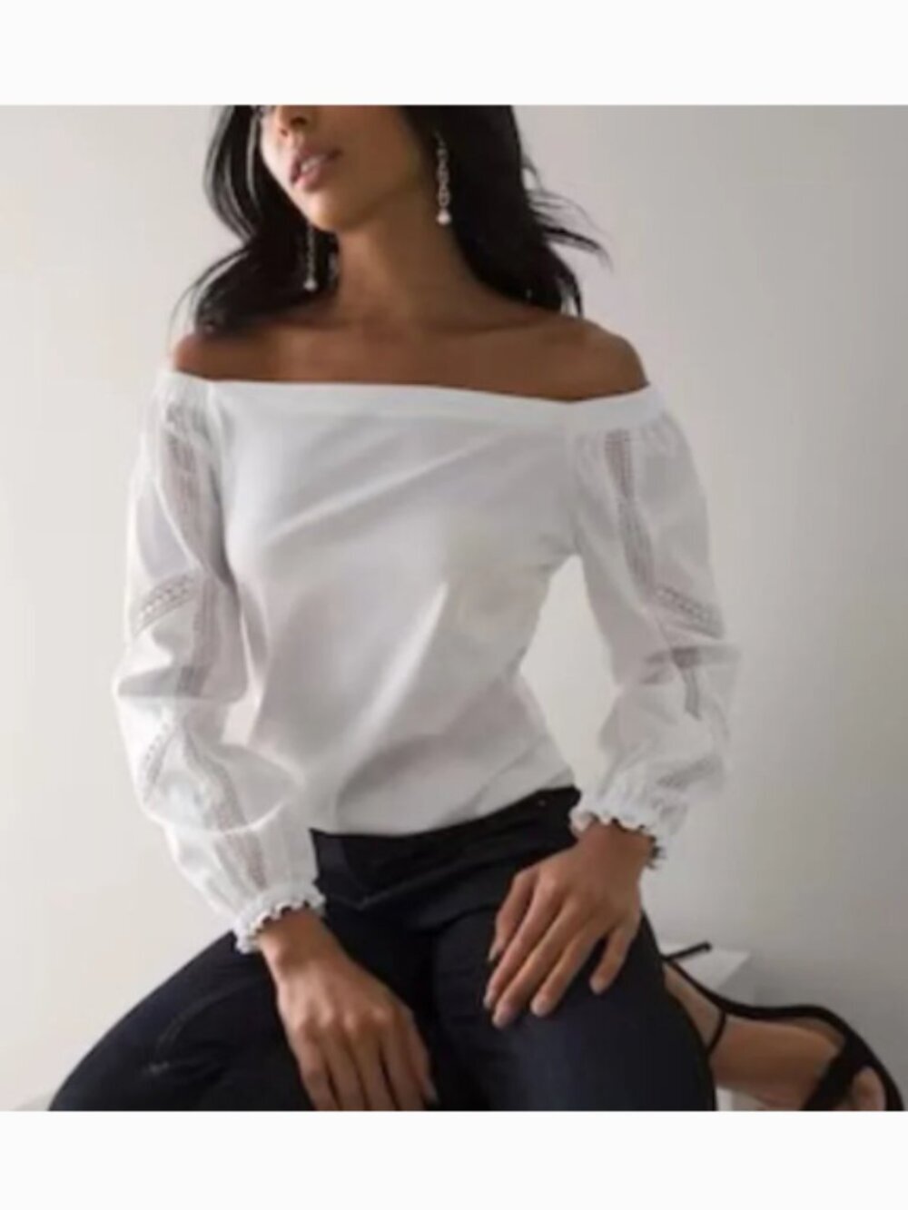 White House Black Market White Lace Inset Poplin Off Shoulder Size Small - Picture 2 of 12